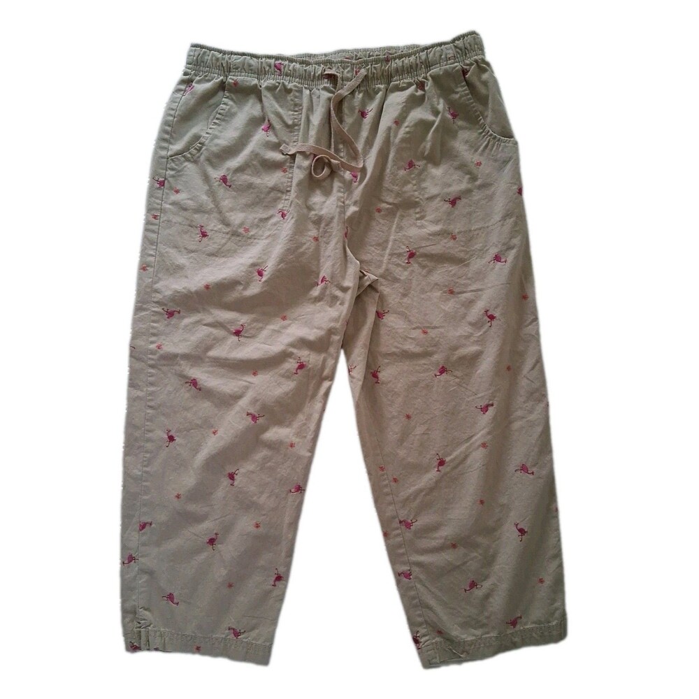 Flamingo Khaki Capri Pants Pink Bird Embroidered Medium Coastal Beach Elastic
